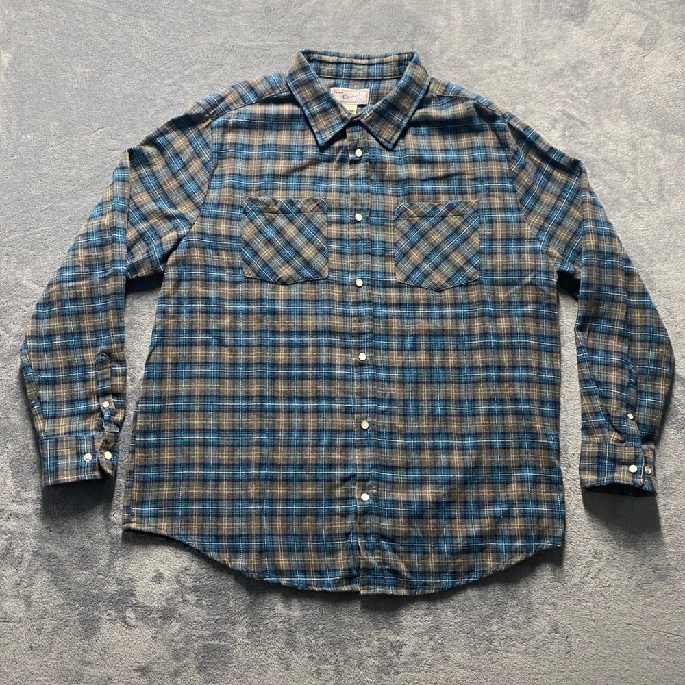 Haband Casual Joe Button Up Mens Large Blue Plaid Flannel Shirt Long Sleeve